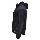Side view of black Blochl military style thermal fleece jacket with hood and reinforced elbow patches