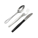 Three-piece aluminum cutlery set with spoon, fork, and serrated knife, vintage military-style utensils.