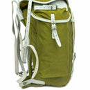 Vintage Norwegian military backpack with metal frame, olive canvas, and white leather straps for rugged outdoor use.