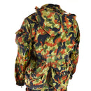 Back view of genuine Swiss army M70 Alpenflage camo hooded parka with multiple pockets and adjustable waist.