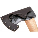 Hultafors Qvarfot felling axe with sharpened carbon steel head, long hickory shaft, and protective leather sheath.