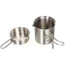 Stainless steel camping mess kit with foldable handles including pot and pan for hiking and outdoor cooking.