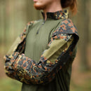 Close-up of MFH Brand U.S. Military style shirt with flecktarn camo sleeves and olive green tactical body detail