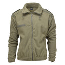 Olive green MIL-TEC army style fleece jacket with zip front, thermal insulation, and reinforced design for cold weather outdoors.