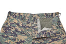 Close-up of Mil-Tec U.S. Army style digital woodland camo pants with button fly and ripstop fabric detail