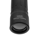 Close-up of Mil-Tec Tactical Monocular 10x25 lens with 101m field of view at 1000m in black rugged design.