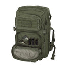 Olive green MIL-TEC 36L US Assault tactical backpack with multiple compartments and MOLLE attachments opened to show organizer pockets.