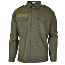 Original Austrian olive green BH army combat shirt with buttoned front and Velcro patch, durable military field BDU design.