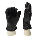 Pair of black Belgian army leather tactical gloves displayed on white mannequin hands