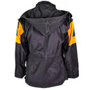 Back view of Danish M84 Civil Defense gray field jacket with orange and blue markings and attached hood