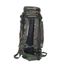 Back view of original Dutch military woodland camouflage daypack with padded straps and hip belt for hiking and camping