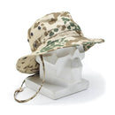 Original German Army tropical camo boonie hat with wide brim and chin strap for sun protection and outdoor use