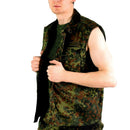 Man wearing original German Army Flecktarn camo tactical combat vest with full zipper and multiple pockets