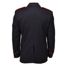 Back view of original Italian military black wool Carabinieri formal jacket with red stripes and silver buttons.