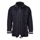 Black original military-style waterproof rain jacket with reflective tape on cuffs and adjustable hem and collar.