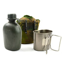 Original Netherlands Dutch Army canteen set with pouch, stainless steel cup, and Alice clips for secure attachment.
