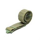 Rolled green military surplus pistol belt with sturdy webbing and quick-release buckle for tactical use.