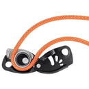Black PETZL NEOX assisted braking belay device with orange climbing rope for top rope and lead climbing safety.