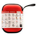 Red travel first aid kit with label on a white background