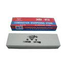 Double-sided vintage aluminum oxide sharpening stone with blue and red packaging for blade maintenance.