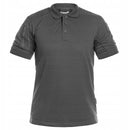 Dark gray TEXAR Elite Pro tactical short sleeve polo shirt with collar and button placket, designed for durability and comfort.
