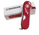 Wenger Evolution 80 compact Swiss made stainless steel pocket knife with red handle and packaging box.