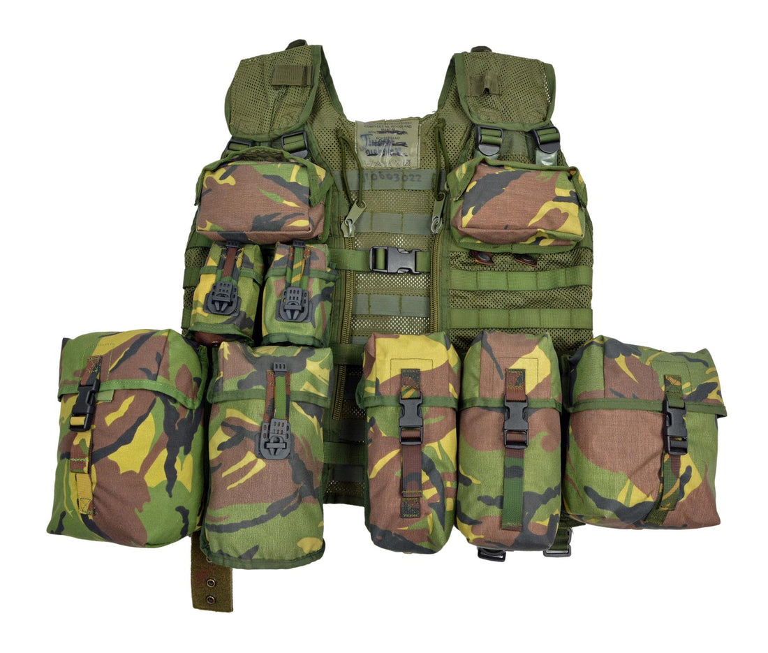 Gilet de combat modulaire militaire néerlandais original, 10 pochettes, camouflage DPM inclus