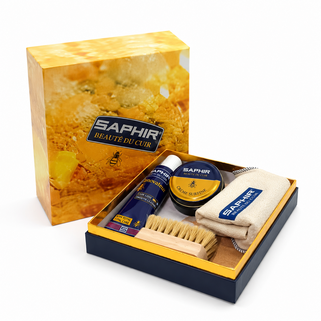 Coffret Saphir Grand Kit d'Entretien pour Chaussures Cuir Lisse Cirage Brosse Chiffon Ensemble