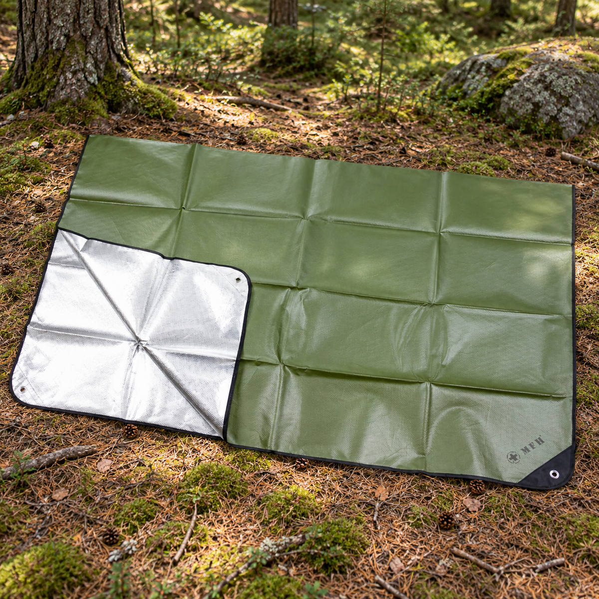 MFH Noodzeil 210 x 150 cm aluminium gecoat campinggrondzeil OD groen