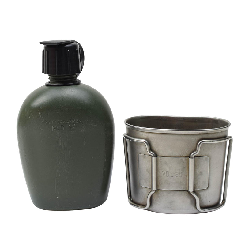Véritable gourde de l'armée néerlandaise avec pochette et couvercle en acier inoxydable Alice Clips