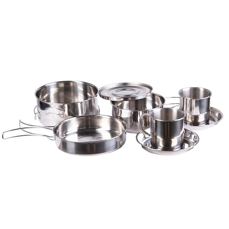 MIL-TEC Outdoor kookgerei 8 stuks roestvrij kamperen kookpot pan kopje plaat