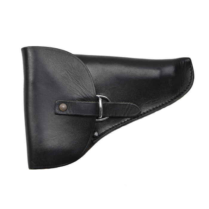 Zwart leren riemholster in militaire stijl met doorngespsluiting, ontworpen voor Beretta-pistolen, duurzaam en veilig.