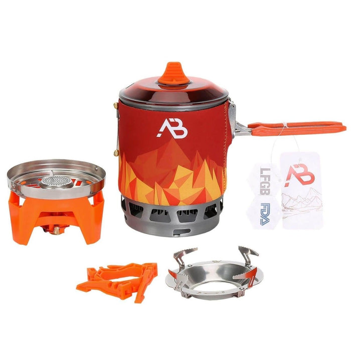 A.Blochl AB-3 buitenkachelsysteemset met compact gasfornuis, windscherm en warmtewisselaar voor efficiënt brandstofgebruik.