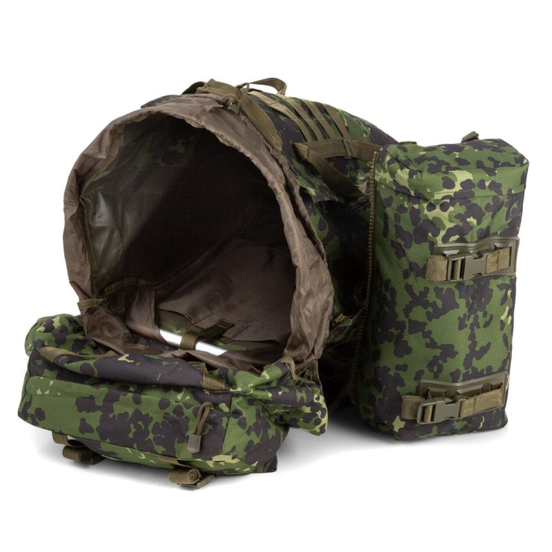 Large A.Blochl M84 camo mountain hiking daypack with padded straps, hip belt, D-rings, Molle loops, and 80L capacity open view