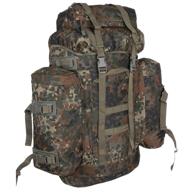 Large A.Blochl BW flecktarn camouflage tactical backpack with multiple compartments and adjustable straps for outdoor trekking.