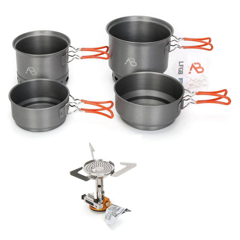 A.Blochl Star X1 lightweight camping cooking set with pots, pan, and portable gas stove for hiking and outdoor use.