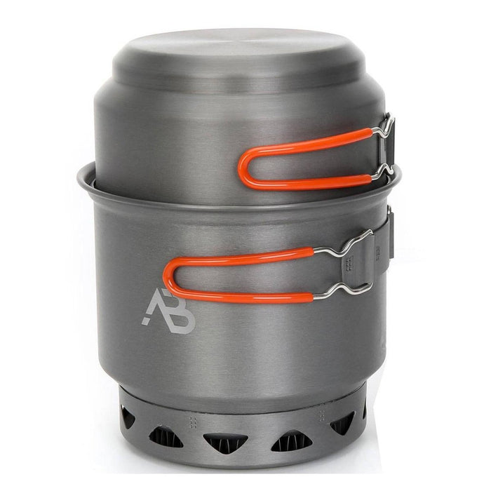 Gestapelde A.Blochl Star X1 lichtgewicht hard geanodiseerde aluminium kampeerpot en pan met warmtewisselaar en oranje handgrepen