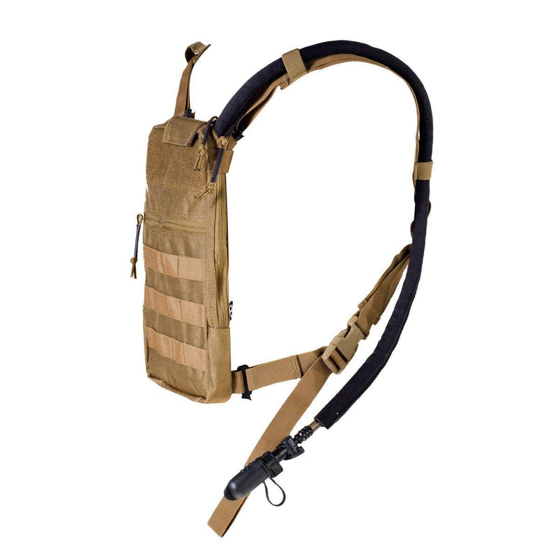 Coyote brown TF2 hydration pack with 1.5L reservoir, MOLLE attachments, and bite valve drinking tube for hands-free use.