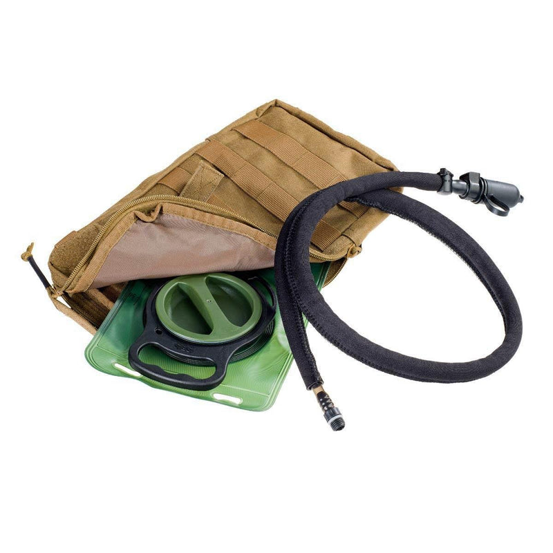 Coyote brown TF2 hydration pack with 1.5L water bladder, MOLLE attachments, and drinking tube with bite valve.