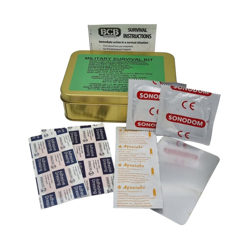 Military survival kit with various items including Sonodom packets and Aquatabs on a white background.