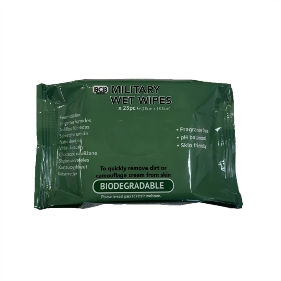 Lingettes humides militaires BCB, paquet de 25, biodégradables, respectueuses de la peau, pH équilibré