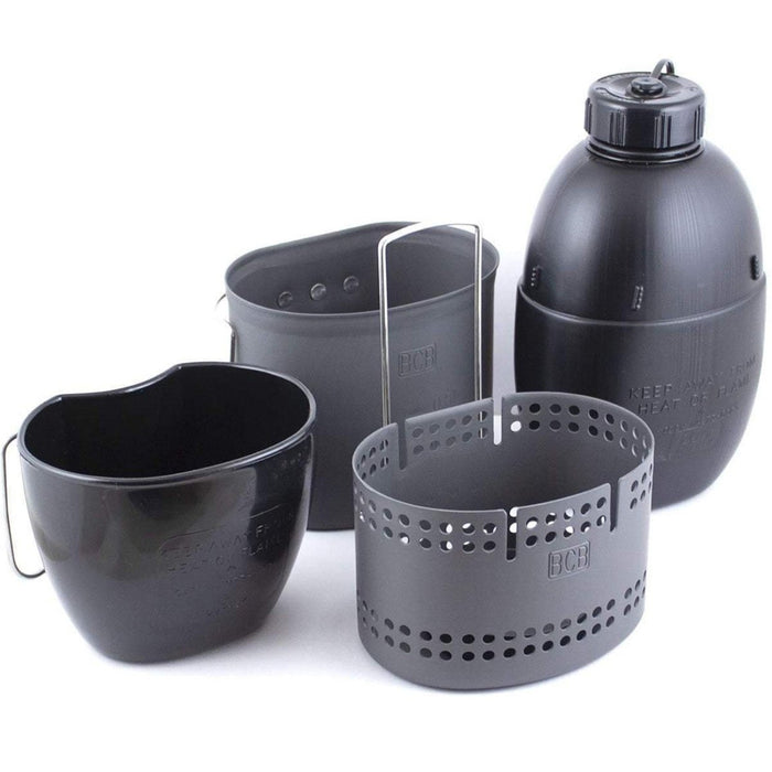 BCB Mk2 Britse buitenkookset met NAVO-mok, fornuis, veldfles en vuurstarter in een compact ontwerp.