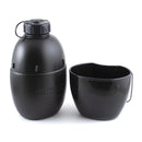 Black military-style aluminum canteen with matching cup for outdoor camping and hiking use