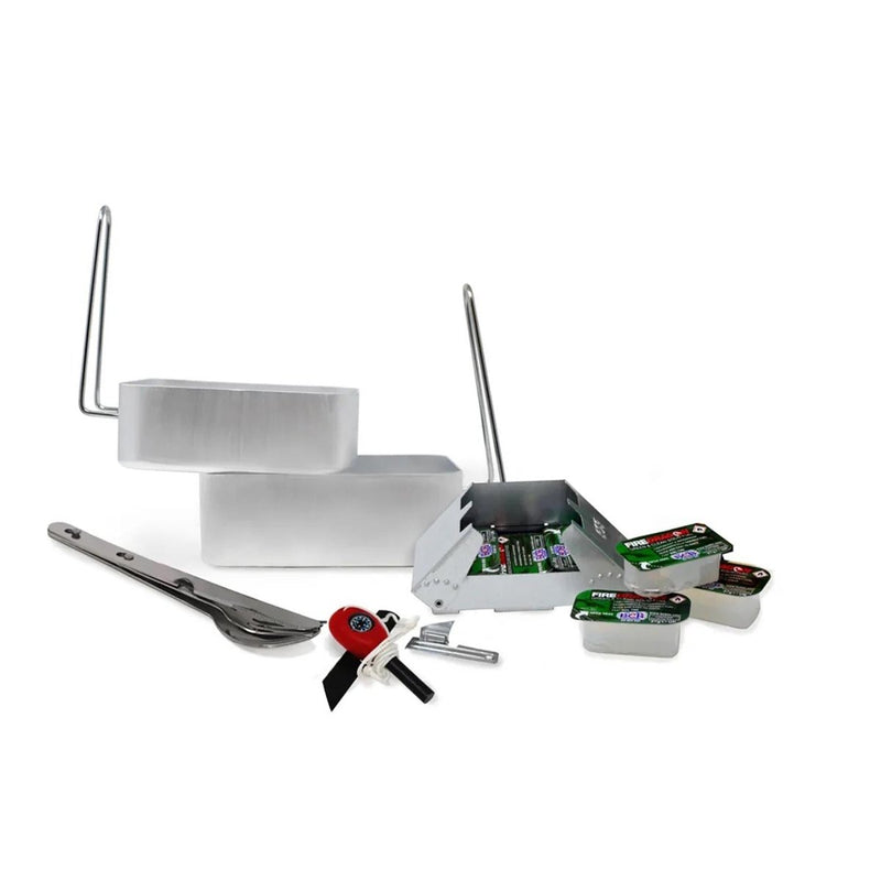 Compact BCB outdoor cooking set with mess tins, cutlery, can opener, solid fuel, and fire striker for hiking and camping.