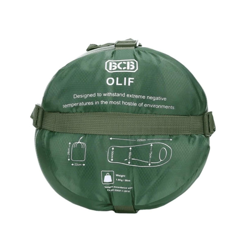BCB The Olif 5 summer sleeping bag packed in green water-resistant compression sack with size and weight details.