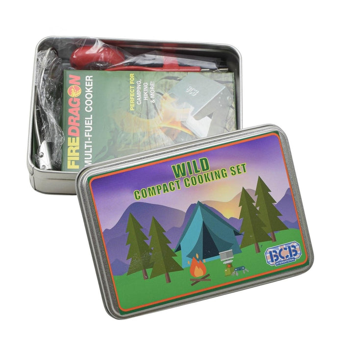 BCB WILD compacte campingkookset met vastebrandstoffornuis, lepel, blikopener en opbergblik voor buitenwandelingen.