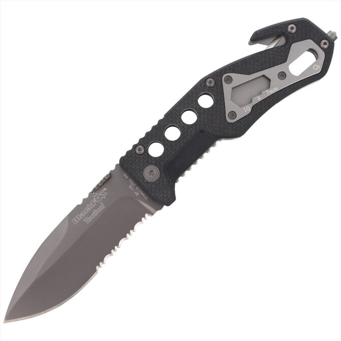 Black Fox BF-115 tactical pocket knife with partially serrated AISI 440 blade, G10 handle, and integrated glass breaker
