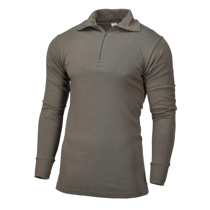 Chemise en jersey thermique de style militaire de marque Blochl vert olive avec col haut 1/4 zip et manches longues
