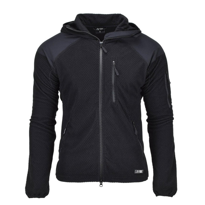 Zwart thermisch fleecejack in militaire stijl met capuchon, versterkte ellebogen, ritssluiting aan de voorkant en meerdere zakken voor bescherming tegen koud weer