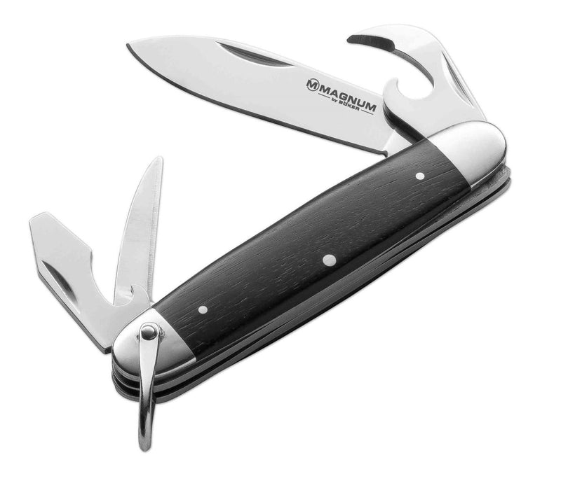 Multi-tool pocket knife with stainless steel blades, bottle opener, can opener, and wood handle.
